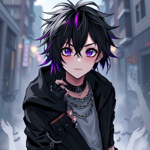 Create a teenage goth boy who has pale skin and his attire is black.