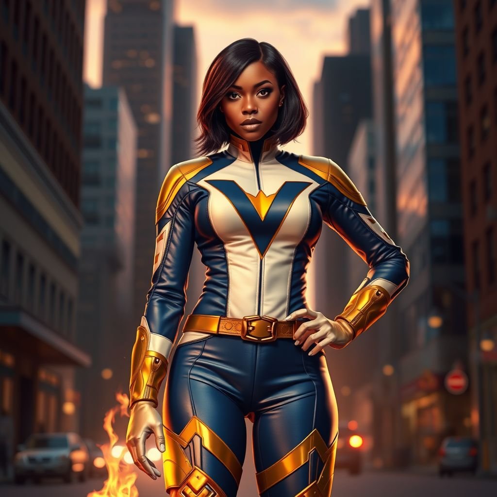 African American female superhero with shoulder length hair in a side part style and  wearing a homemade leather white blue and gold suit with blue pants with a stylized V as her chest emblem wearing gold flat boots  made of gold fire standing in Philadelphia at dusk