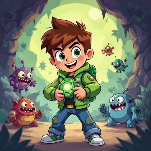 My characters name in Ben Tennyson his hero name is Ben ten he gets an alien watch on his arm from space which allows him to turn into ten different aliens for ten minutes at a time he fight bad guys and aliens his main enemy is an alien called vilgaxe who wants his watch