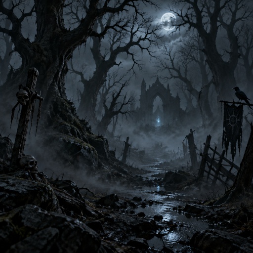 Dark and eerie woods at night