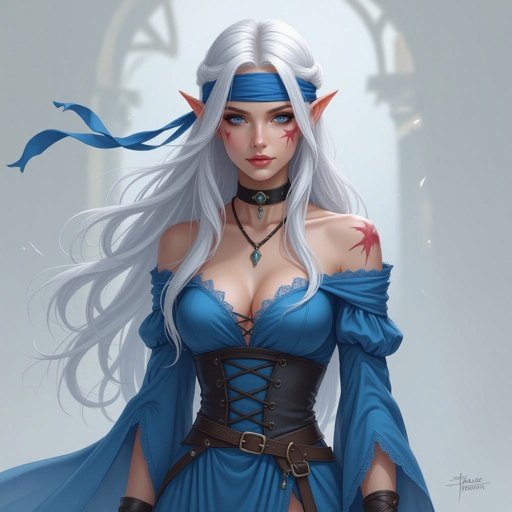 She is an Elvin wizard age 19. She is 5’6 and She has platinum hair that is long. She had a blue blind fold over her eyes. She has scars on her face and neck. She is wearing a blue dress to match the blind fold. The dress has two leg slits and is a corset she has flowy sleeves that cover her arms completely 