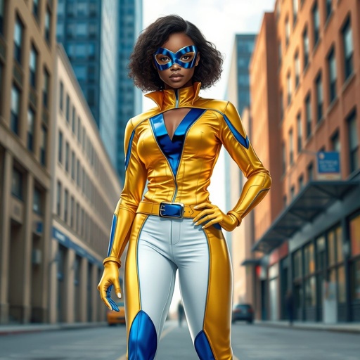 A teenage African American female superhero wearing a domino style mask with slightly curly hair in a shoulder length side part style wearing a polyester and leather gold suit with blue accents white pants and a stylized V as her chest emblem a utility belt and blue boot heel less standing in Philadelphia