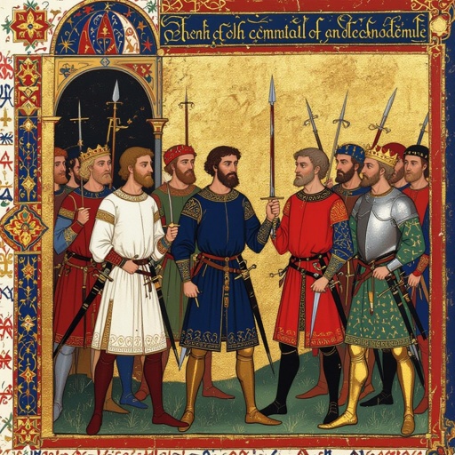 A historical world with kingdoms with some men having swords drawn