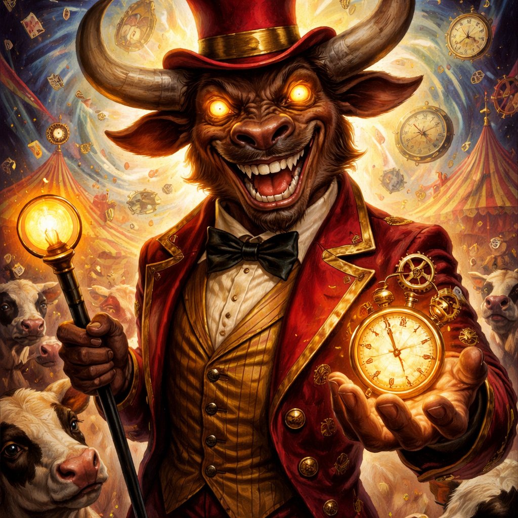 A medium brown Greek Minotaur with a well~proportioned figure that works at freak show as ringmaster. That has gifts/abilities like Reality Rejection, Time Manipulation (Chronokineses), Zoolingualism (Language of Cattle only), Human Speech.