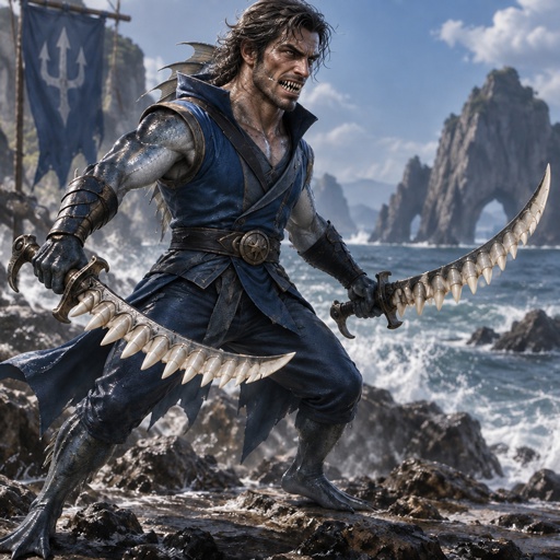 a man with a sword on a rocky beach