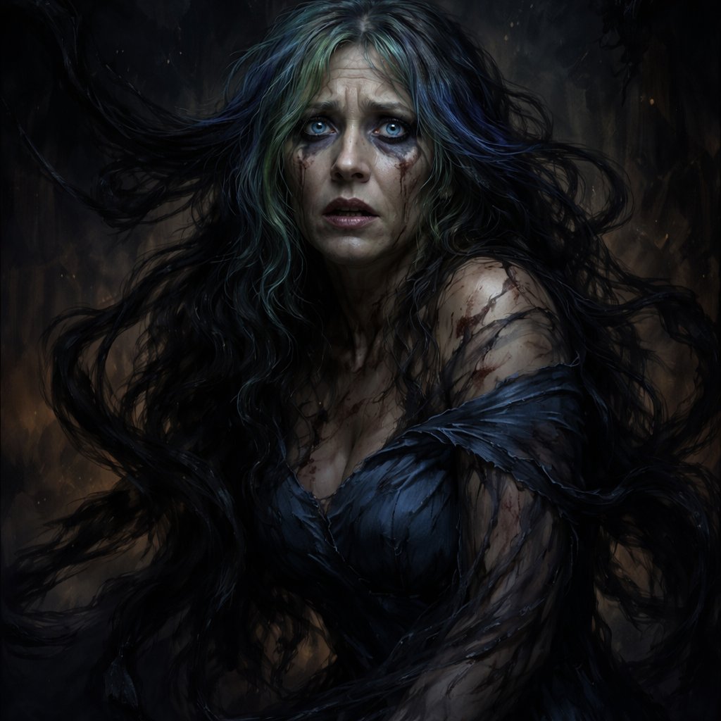 A 55 year old woman who has green hair with blue stripes and has blue eyes. She is wearing a blue dress. She looks scared.