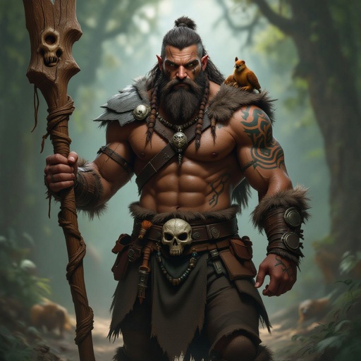 Kael the Beastbound – A rugged, broad-shouldered man with brown skin and a rough beard, wearing armor made from bone and leather. deep green eyes tattoos of animal tracks spiral down his arms. He carries a massive wooden staff carved with the shapes of beasts, and small creatures often perch on his shoulders or follow at his feet.