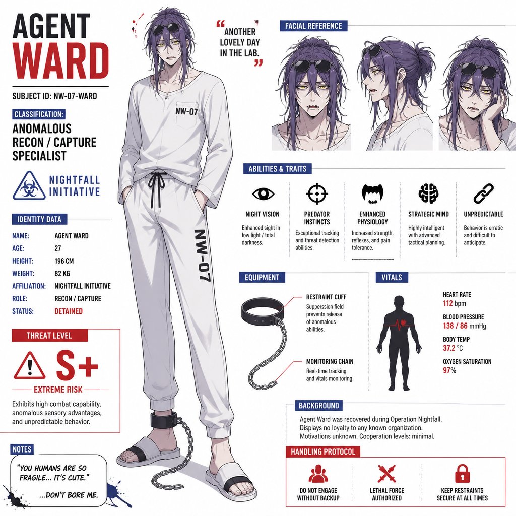 Anime style,Agent Ward,long messy hair in a messy loose up tied bun, violet hair,clean shaven,skin color white,he’s made in a secret lab to be the best weapon and good at everything highly skilled in many things the scientists are scared if he gets out of control,kept in check by lab facility, they have an emergency back up incase he gets out of control, yellow night vision eyes,sharp teeth,sunglasses on head,cares about his partner but doesn’t admit it,likes making jokes, can be reckless mischievous and dangerous,extreme dark powers do to lab experiment ,best agent,late 20s,tired,tall,migraines,sensitive to light,jokes,hates being told what to do,intimidating,laugh like a maniac .Partner Ruby she has brown hair a little above the neck curly,brown eyes, dark skin,serious,goes by the rules, gets annoyed by Ward but conceders him as a friend try’s telling him to sleep,doesn’t like his jokes during work,has been given a device to trigger a shut down on Ward in case he gets out of control but really hopes she never has to