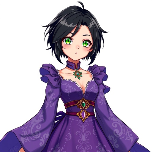 Short black hair. Jade green eyes. Purple fancy dress. 13 years old. Tomboyish. 