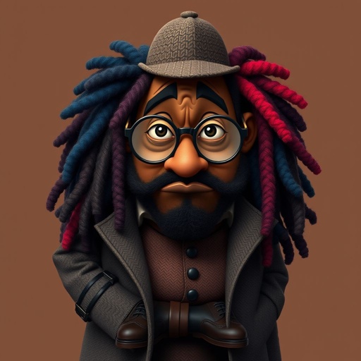 Create a funny serious fat character similar to Sherlock Holmes, but make him of black decent and with dread locks. Show his whole outfit including his shoes.