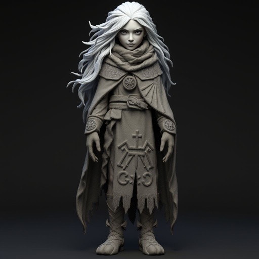 Create old character: The Silver-Eyed Wanderer – A tall, androgynous figure with hair that white. piercing silver eyes seem to see both past and present at once. a long, tattered cloak covered in stitched symbols from lands unknown. Show her whole body head to toe including her shoes.