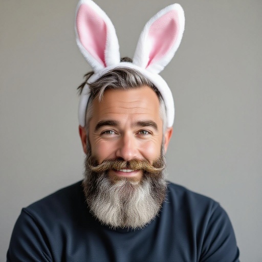 man with white bunny ears with beard