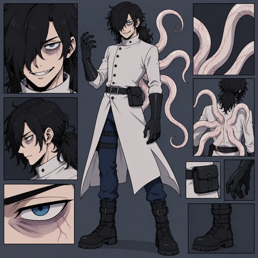 Male, black messy greasy hair, thin wavy shoulder length hair in the back, long hair in the front covering one eye, blue eyes, eye bags, veins under eyes, pale tendrils coming out of back with veins, blue pants, boots, black rubber gloves, scientist jacket buttoned up, belt with pouch, evil smile