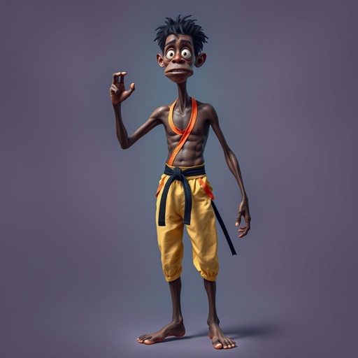 Create a character who looks like a funny African karate guy who doesn’t have a clue what he is doing. Make him have weird toes, only speedos on and a black karate belt. Make him tal skinny and slinky.