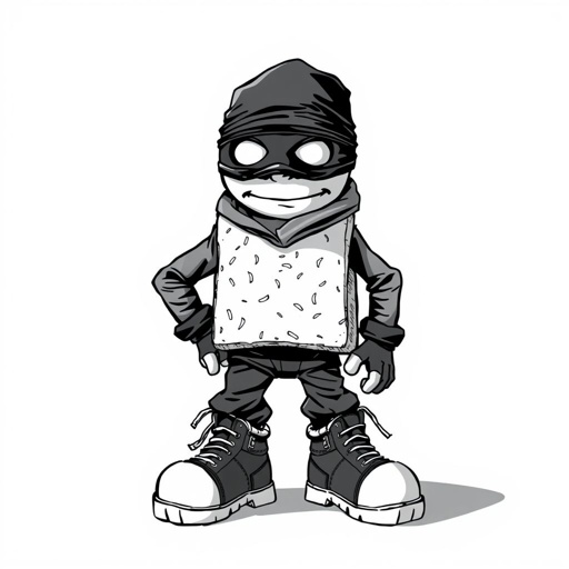 Create a funny looking clumsy sandwhich thief with funny shoes on. Make him have on the bandit black thing around his eyes 