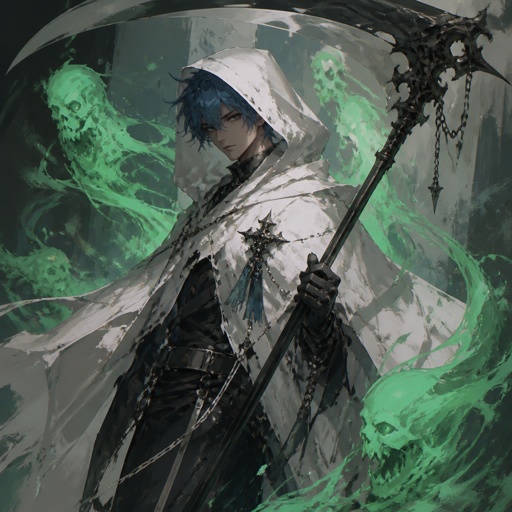 Male superhero with the ability control green spirits, crazy, blue hair, white cape with hood, black eyes, scythe 