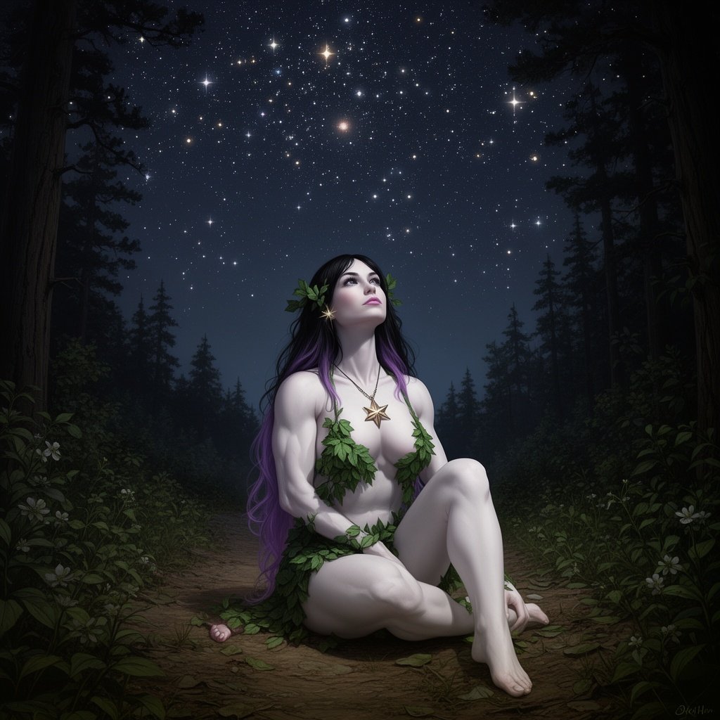 A lady with star like eyes and black hair which fades into purple tips. Wearing leafy clothing with a beautiful star pendant hanging around her neck. She is white around 6’4 and has a somewhat muscular build. She is in a forest with the stars out above her on a trail. She is sitting down looking at the stars above .