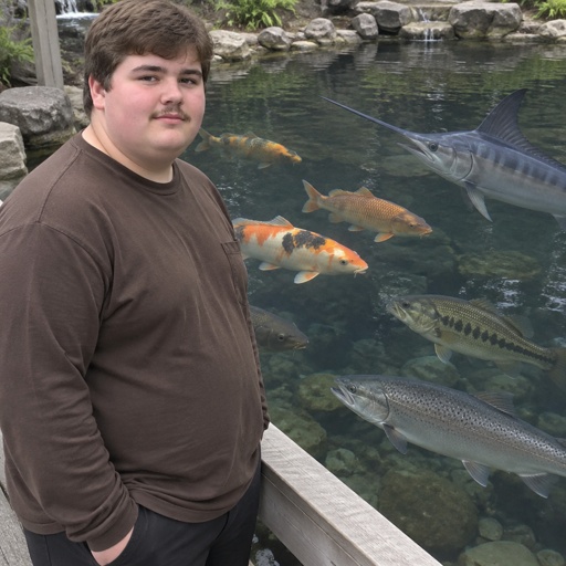 Carp Fish, Swordfish, Bass Fish, Salmon Fish, Brown Long Sleeves Shirt, Fat Human, Male, Teen Boy, Brown Hair, Pencil Mustache