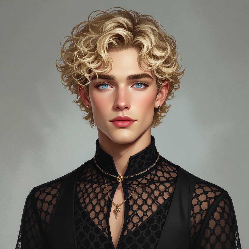 Mężczyzna. Człowiek. Delikatna uroda, włosy krótkie zasłaniające uszy, włosy sięgają do podbródka, lekko kręcone, blond. Oczy jasnoniebieskie. Delikatnie zadarty nos. Wąskie usta. Bez biżuterii. Wąska, uwydatniona szczęka. Ubrany alternatywnie. Normalne uszy. Bez kolczyków. Ubrany na czarno w siatkowaną bluzkę.