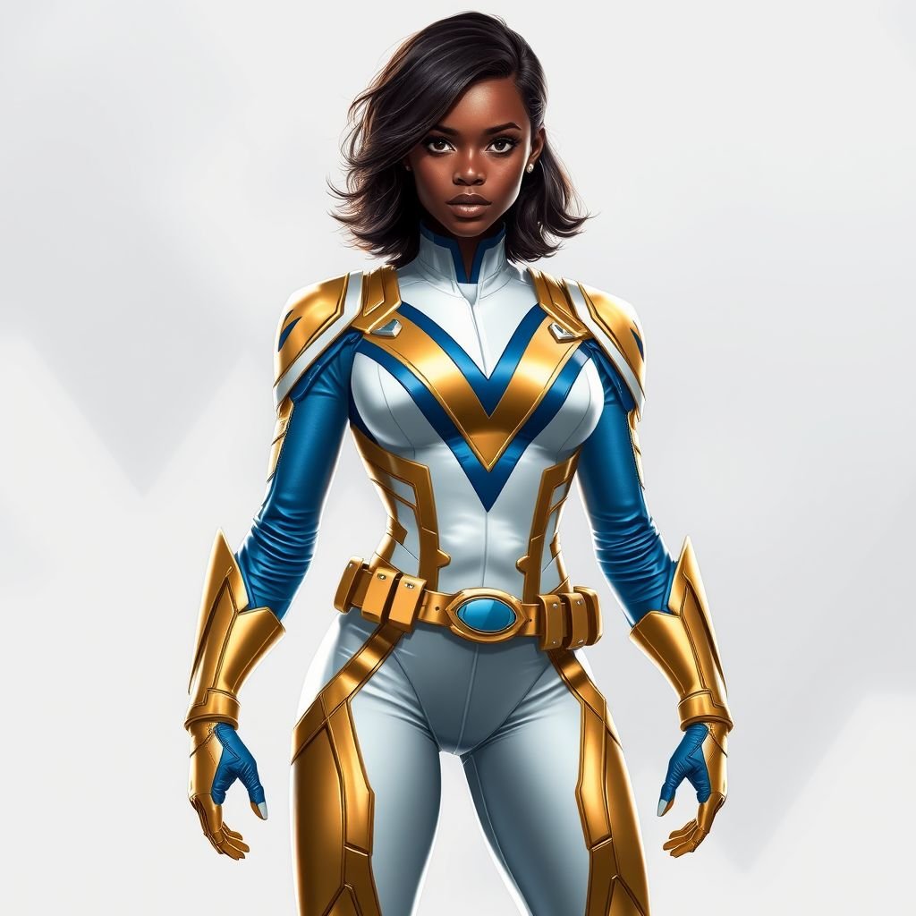 A teenage African American female with shoulder length curly hair  in a side part style superhero  wearing a MASK and a slightly armored white and gold suit with white pants and blue accents and a stylized V as her chest emblem a utility belt and gold boots