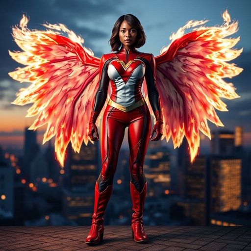 African American female superhero with shoulder length hair in a side part style and wings made of white fire wearing a slightly homemade white red and black suit with black pants with a stylized V as her chest emblem wearing red flat boots made of gold standing in Philadelphia at dusk