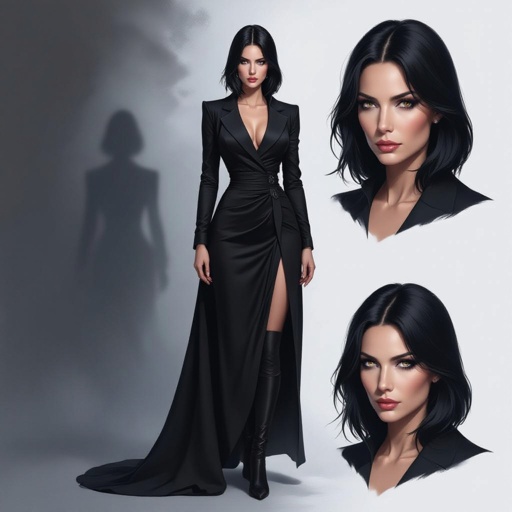 Show character head to toe. Create a mid age mysterious woman jet-black hair is cut sharpand her eyes seem to pierce through darkness. A shadowy aura clings to her form,