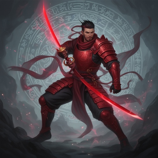 A man with ninja red armor and a red katana 