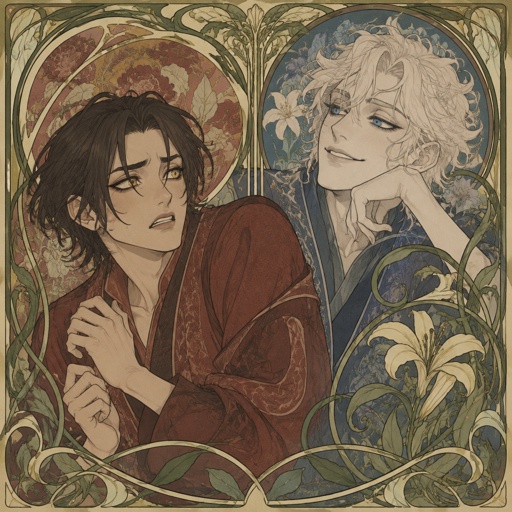 Male, Asian, neck length black hair, yellow eyes, eyeliner, wears red casual clothes, scared, small mouth, male, fluffy white hair, big blue eyes, long smile, snobby, wears blue, the Asian guys name is Po, the white haired males name is Klouse