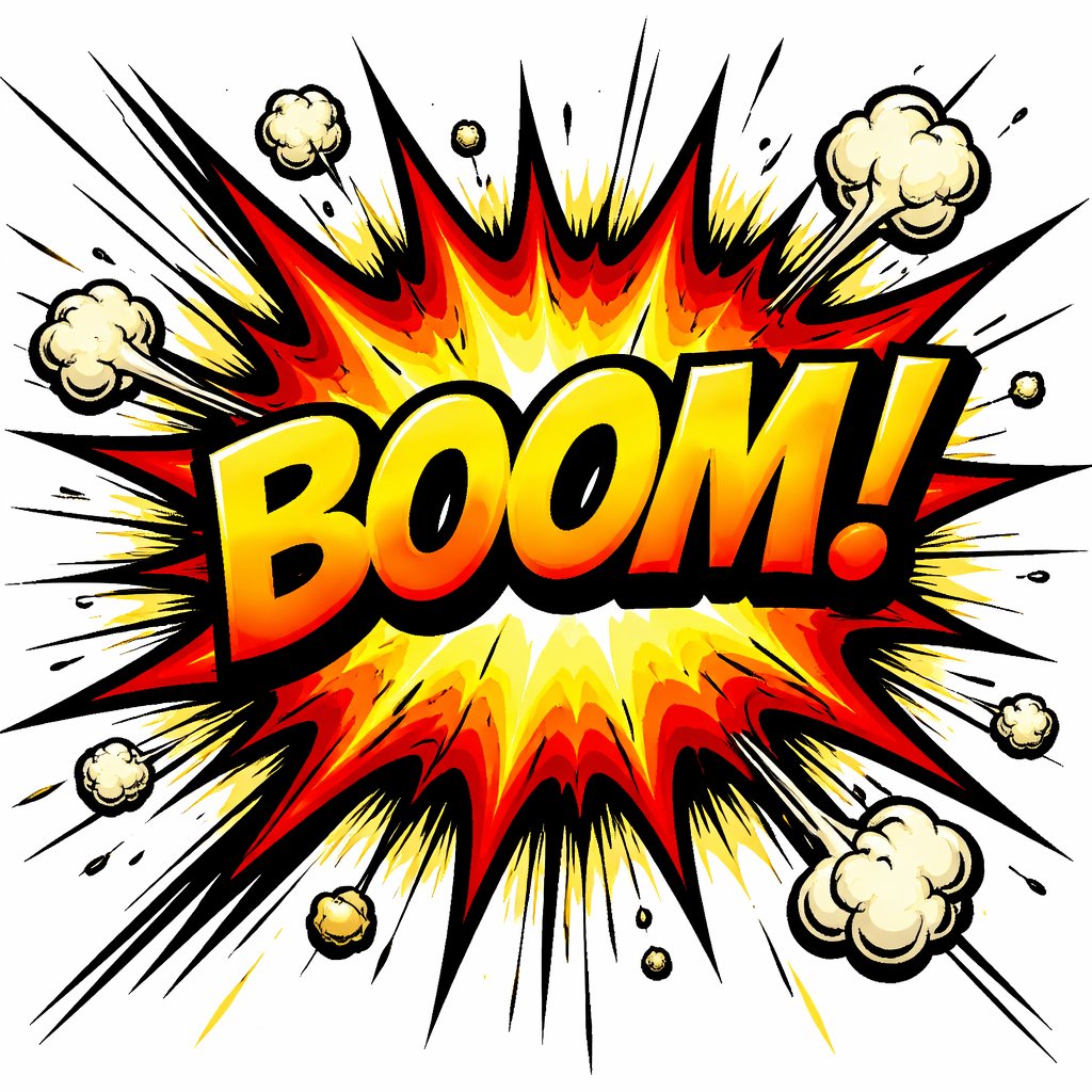 Black, yellow and red explosion, boom with the word boom inside