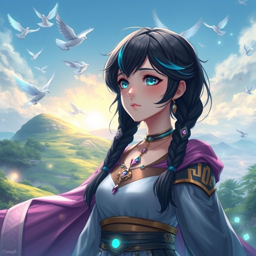 A young female with fair skin and vibrant teal eyes. Black hair with cyan tips in the form of two short braids. Wearing a goddess two-piece outfit (top and trousers) sitting on a hill watching pigeons fly from a very far distance