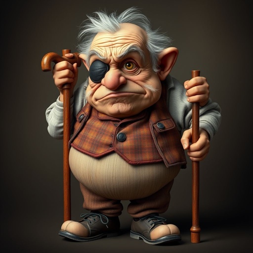 Create a grouchy funny old character who has 1 eye patched. Make him fat with a cane. Show his whole character head to toe including shoes 