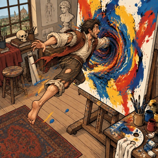 a painting of a man in a messy room