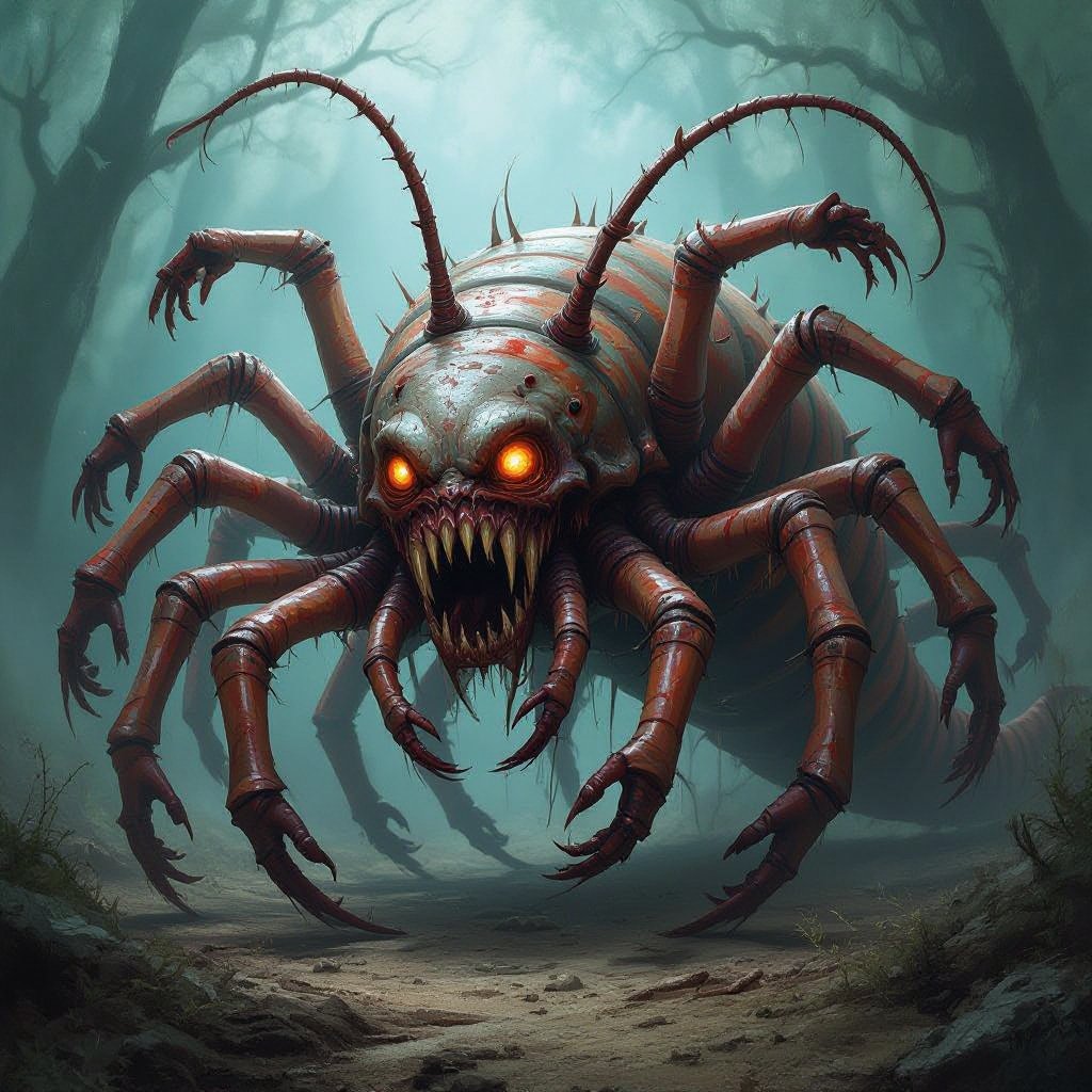 Scary centipede monster made of human arms and hands, giant hand for a head, chaotic, grotesque