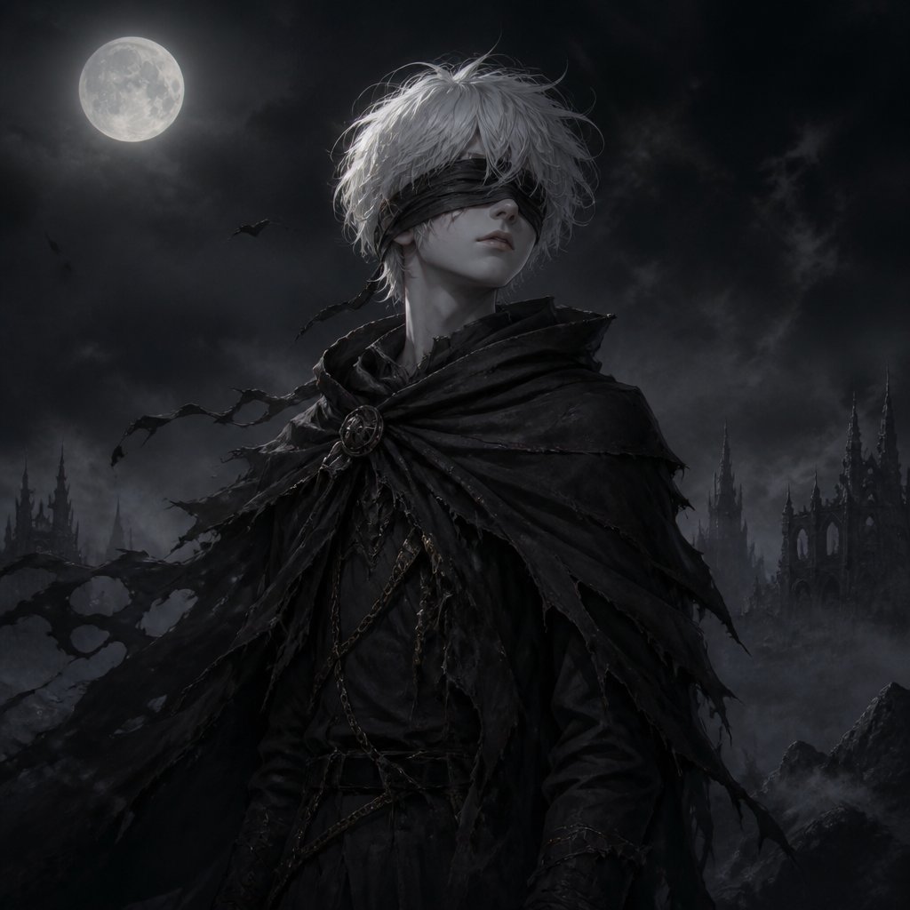 moon boy white hair blind fold black cape