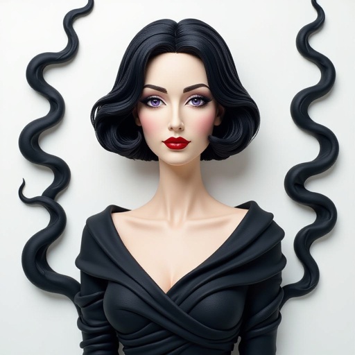Create A lithe, mysterious woman draped in layered black silks that move like smoke around her. Her jet-black hair is cut sharp to her jawline, and her violet eyes seem to pierce through darkness. Show her head to toe, her whole body.