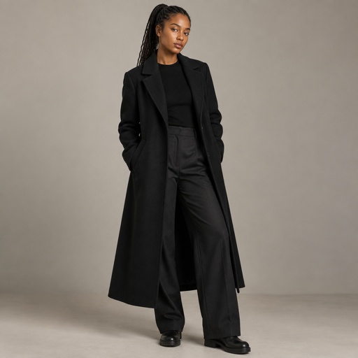 A full picture of a bright caramel skinned woman with dark braids in a pony tail, wearing a black wool coat overall . Expensive no makeup just sharp eyes