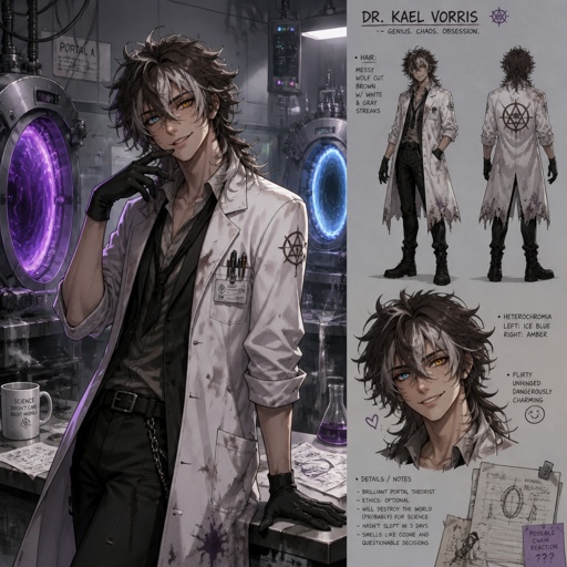 Villain mad scientists, lab coat, clean shaven, looks like a mess,very flirty, hair style called "I've never seen a hair brush in my life" Wolf Cut hair knotted and very messy slightly shaved color is brown with streaks of white and gray would rather die than be saved by the hero, "I don't need one for I AM a weapon of mass destruction, likes to mess with the hero teasing her, has invented machines that lead to portals ,two different eye colors