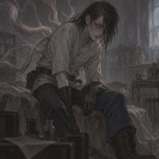 Male, black messy greasy hair, thin shoulder length hair in the back, long hair in the front covering one eye, blue eyes, eye bags, veins under eyes, pale tendrils coming out of back with veins, blue pants, boots, black rubber gloves, short scientist jacket buttoned up, belt with pouch, slowly dying