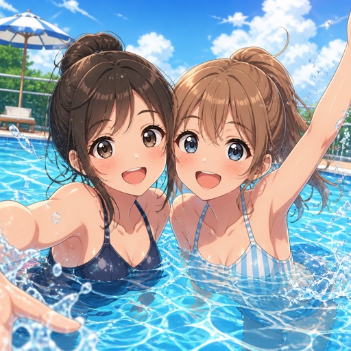 Zwei beste Freunde, die im Pool zusammen sind die eine hat braune Haare und die andere hat hell braune Haare