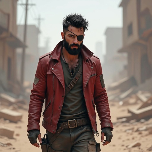 A white man in his early thirties wearing a red jacket he has a black hair and black beard and has a eye patch