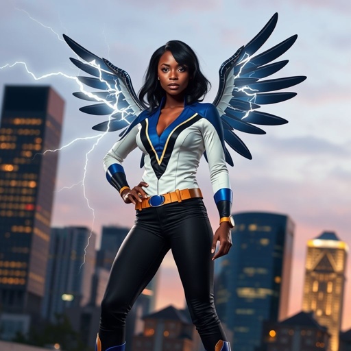 African American female superhero with shoulder length hair in a side part style and wings made of white lightning wearing a domino mask wearing a slightly homemade white blue and black suit with black pants with a stylized V as her chest emblem wearing blue flat boots made of gold standing in Philadelphia at dusk