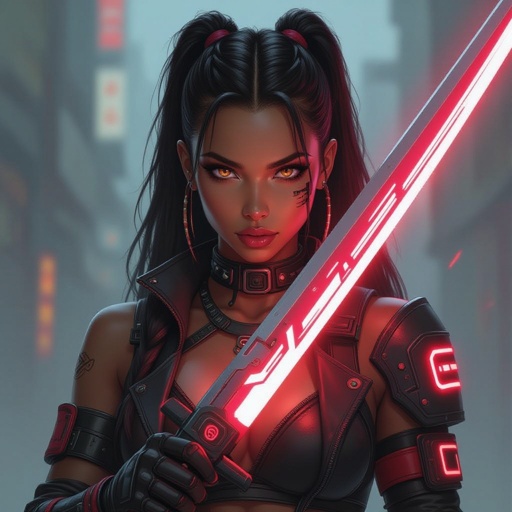 Light brown skinned Worrier princess with bright brown eyes wearing red with a sword