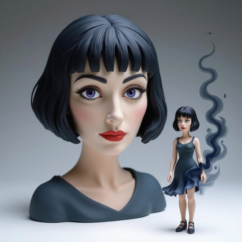 Show her shoes and entire body. Create mysterious woman jet-black hair is cut sharp to her jawline, and her violet eyes seem to pierce through darkness. A shadowy aura clings to her form, faint shapes shifting and flickering behind her like whispers of another realm. Show whole body head to toe
