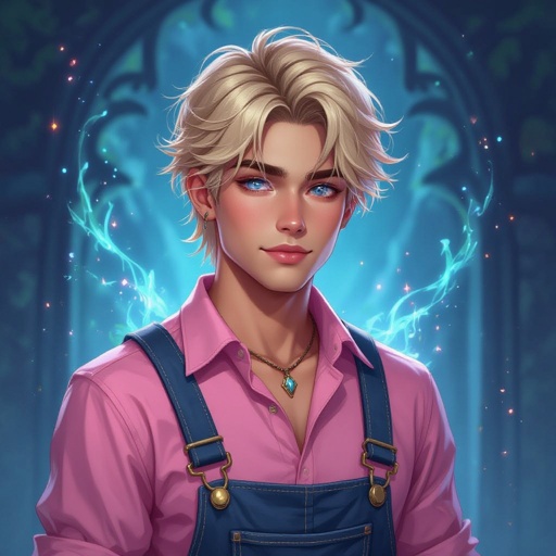 Half Japanese half Latino male 18-year old with blonde hair and blue eyes no beard wearing a pink shirt with overalls and slightlychubby cheeks