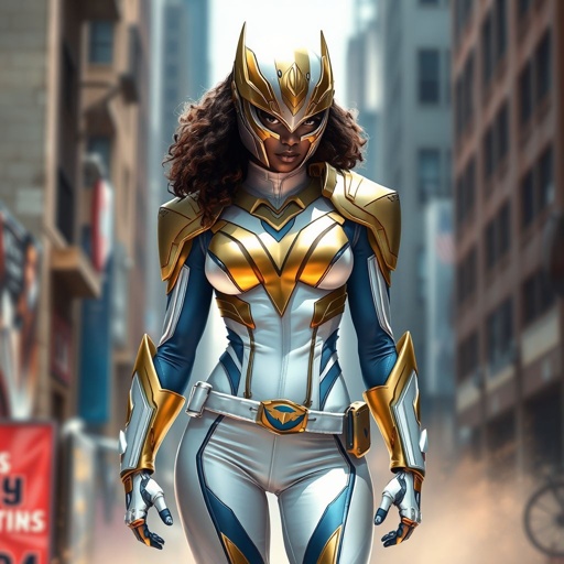 A teenage African American female with shoulder length curly hair  in a side part style superhero  wearing an armored MASK and a slightly armored white and gold suit with white pants and blue accents and a stylized V as her chest emblem a utility belt and gold boots