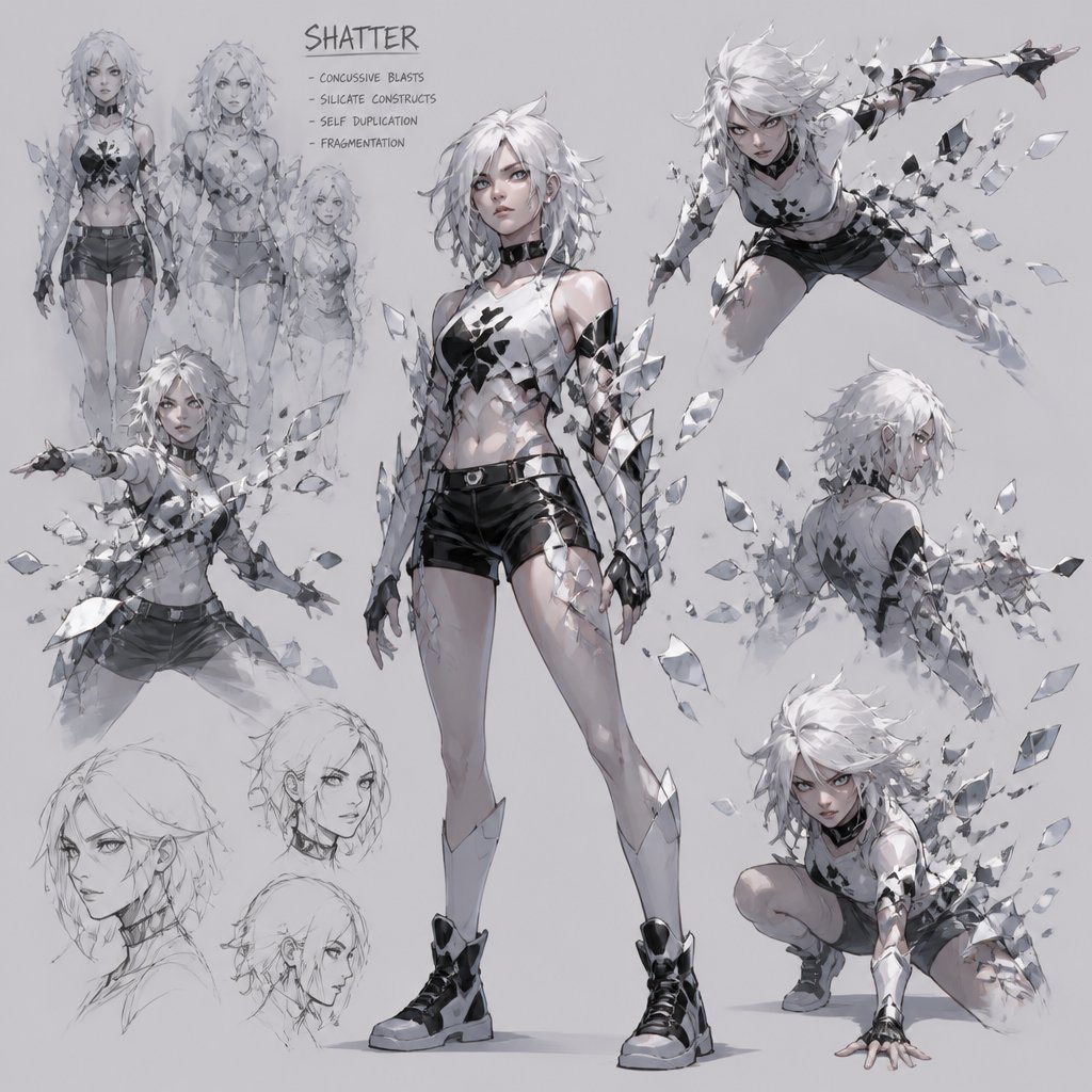 Female teen superhero with shatter abilities, white hair, white skin, multiple of the same character