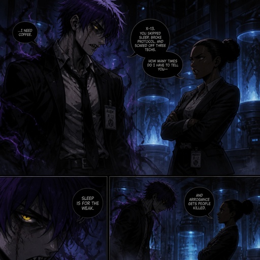 Anime style, Agent Ward a male, made in a secret lab to be best weapon and good at everything, highly skilled, be kept in check, emergency backup case he gets out of control, his hair messy bun color violet, clean shaven, yellow night vision eyes, sharp teeth, dark power energy from experiment, tired, tall, eyes sensitive to light, dangerous, intimidating, laugh like a maniac, cares about partner ruby rose she's dark skin serious plays by rules firm,them standing together ruby arguing to wards "stop being intimidating you're going to our suspect a hart attack!" Ward says "job goes faster" starts giggling, ruby warn ward " if you can't take this seriously l'll have to have you go in your room" ward sad expression says"i don't want that" ruby "ok let's do this I have somewhere to be " as a comic