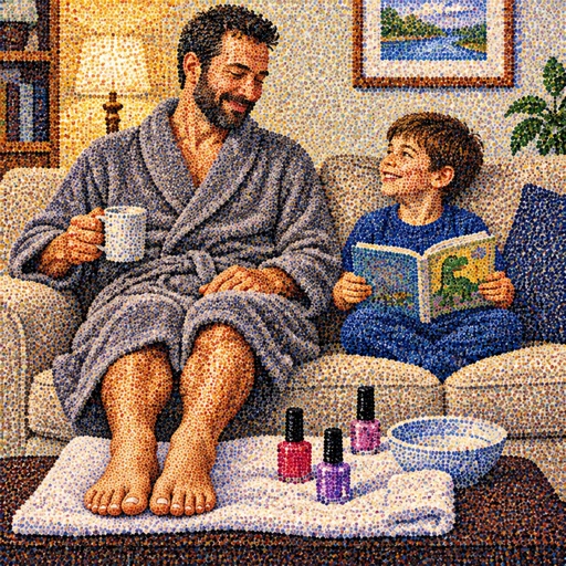 a mosaic of a man and a boy sitting on a couch