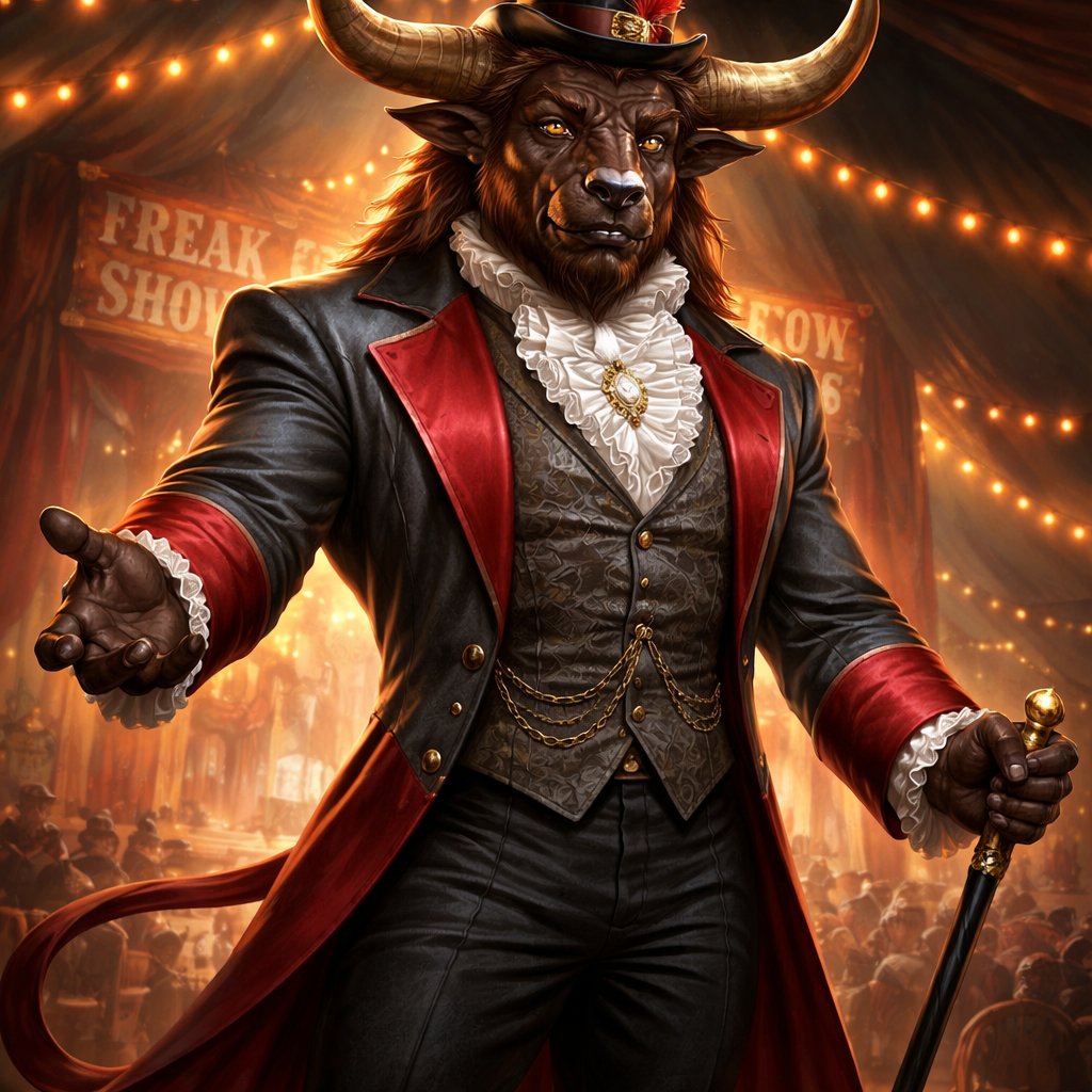 A captivating chestnut brown male Minotaur that’s 6 1/2 feet tall with well~proportioned figure/body with deep set cattle like brown eyes, large powerful gleaming horns like his fathers, a , long tail. He works at freak show as the ringmaster and his abilities are Reality Rejection, Time Manipulation (Chronokineses), Zoolingualism (Language of Cattle only), Human Speech. His outfit consists of a crimson tailcoat, frilly shirt, stunning grey blazer, black pants and top hat.