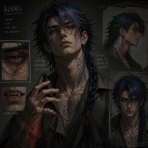 Anime male in his 20s part Asian part white dark blue hair messy in a braid clean shaven wearing a loose jacket,is highly skilled,late 20s,tall, migraines, sensitive to light,sarcastic ,red glowing eyes,serious face experiment,hates people,has power dangerous hates being told what to do,one eye damage, glasses,spiders,earrings tattoos, agrees to help but on his terms or for a price hard to figure out his true emotions doesn’t remember anything from his past before the experiment,long scary fingers,spider fangs